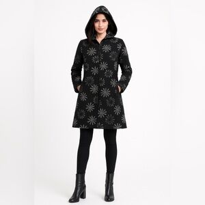 Desigual Hooded Fall Winter Pea Coat Embroidered Mid Length Zip Up Mid-Weight, M